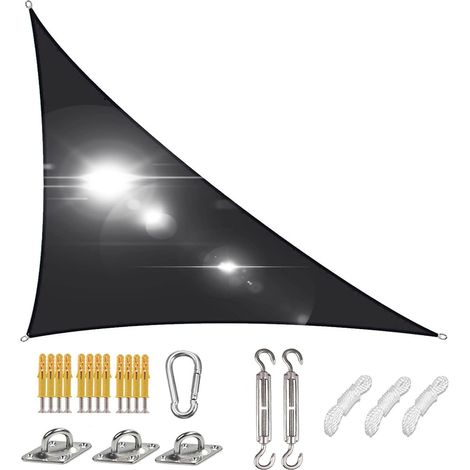 Voile d'ombrage Triangulaire 3x4x5m, Voile de Soleil Droite Triangle, Toile Solaire Impermeable, Toile Impermeable Tissu Oxford pour Terrasse Auvents avec Le Kit de Fixation, Noir