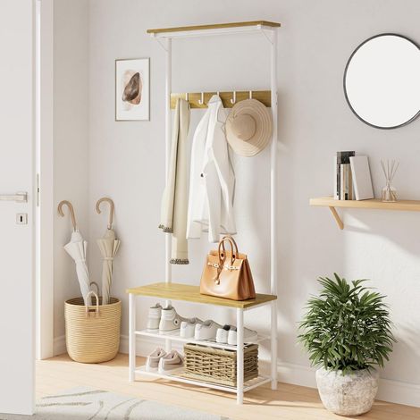 Clothes Rack, Wooden Coat Rack with Seat, Entryway Coat Rack, Clothes Rack with Shoe Bench and Shoe Rack, 3 Tier Shelf and 4 Removable Hooks (1/5)