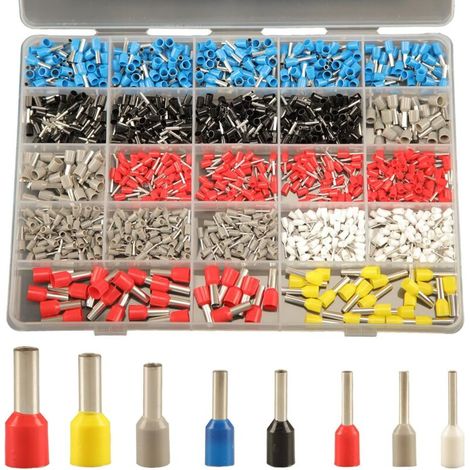Lot de 1200 embouts de câble, 8 types de connecteurs, connecteurs de bornes à broches, assortiment d'embouts de câble isolés, connecteurs à sertir en cuivre, bornes d'extrémité de câble isolées (1/5)