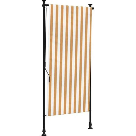 Store enrouleur extérieur orange et blanc, 100x270 cm, structure en tissu et acier. (1/5)