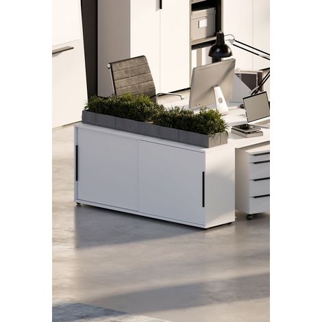 Armoire basse de bureau 2 portes coulissantes blanche Maily (1/5)