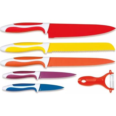 Set de Couteaux de Cuisine avec Éplucheur – Coffret 6 Pièces – Couteaux de 22 à 34 cm - Revêtement Céramique - Poignée Antidérapante (1/5)