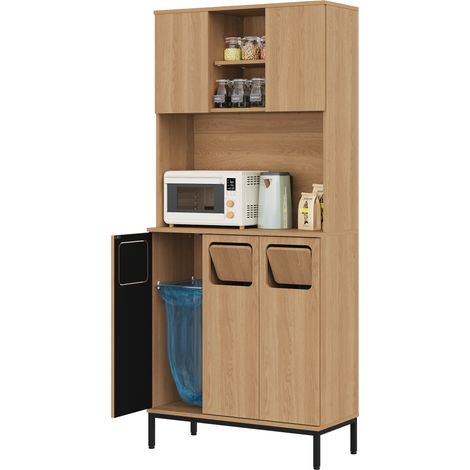 Meuble de tri des déchets avec 3 portes, 3 compartiments et espace micro-ondes, armoire haute en MDF aspect bois clair, pieds métal et rangements, CHICFURN (1/5)