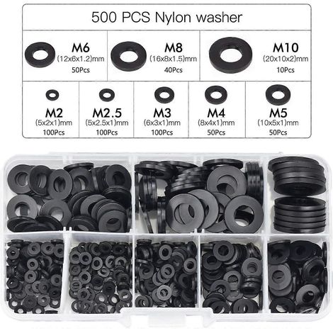 500 rondelles frein en plastique noir, tailles M2,5, M3, M4, M5, M6, M8 et M10 (1/5)