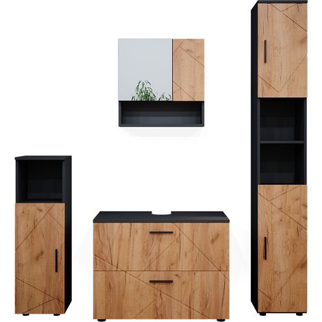Conjunto de muebles de baño Irma, Oro power roble/antracita, 4 piezas, con cajonera y armario alto, Vicco (1/5)