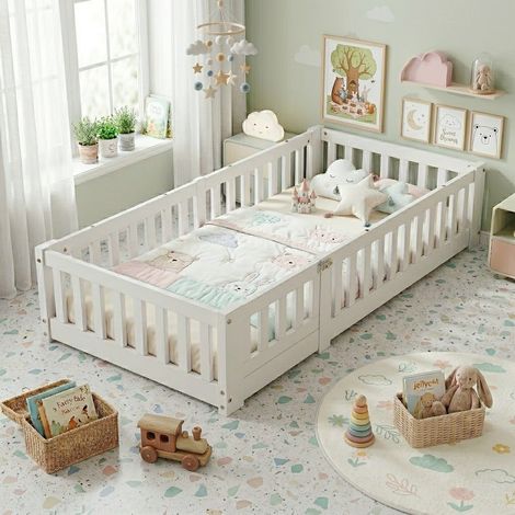 Letto a capanna per bambini 120x200 cm - Letto montessoriano a terra in pino massello con sponde di sicurezza e rete a doghe - Bianco
