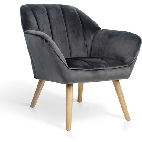 HISPANOHOGAR, Butaca de respaldo bajo en terciopelo gris con patas en madera natural natural 75x78x77