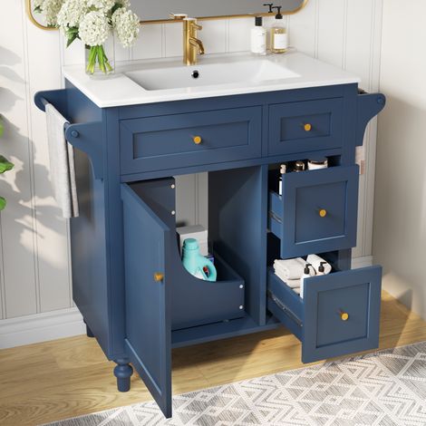 Mueble bajo lavabo con 3 Cajones, 1 Estante Extraíble y Toallero, en MDF, Azul, 99.5×45×86 cm (1/5)