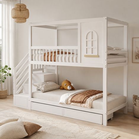 Letto a castello 90x200 cm in legno bianco con cassetti, per camerette, senza materasso – MEUBLIV (1/5)