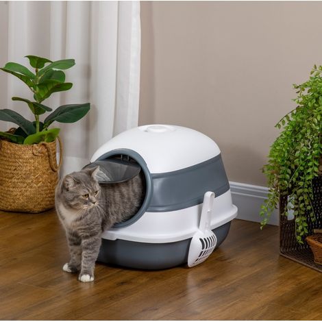 Bac à litière pour chat fermé 52 x 41 x 38 cm, pliable, blanc et gris HAVRYA (1/3)