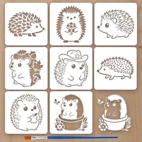 8Styles Pochoirs Motif Hérisson Cartoon Avec Un Pinceau 15x15cm Réutilisable Hérisson Peinture Pochoirs Pet Plastique Animal Thèmes Modèle pour Bois Carrelage Mur Tissu (1/5)