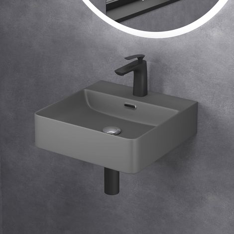 doporro Lavabo à Poser Gris Noir Mat Vasque Suspendu en Céramique Lave Mains Carrée de Qualité pour Salle de Bain 42x42x12cm Meissen201-420 (1/5)