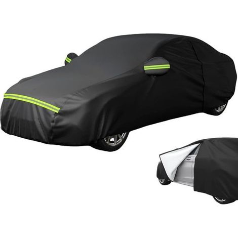 Funda coche exterior, impermeable coche, Resistente rayos UV, polvo lluvia (apta aparcamiento exterior), 450 x 180 x 150 cm, Negro (modelo sedán) (1/4)