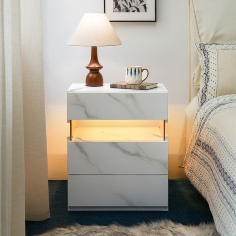 Table de chevet LED avec 3 tiroirs, commode d'appoint en pierre blanche et panneau acrylique pour chambre ou salon 50,03x37,08x59,94cm (1/5)