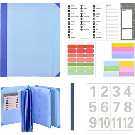 Organiseur 12 pochettes avec étiquettes – factures/chèques/actes, maison/école/bureau, bleu (1/5)