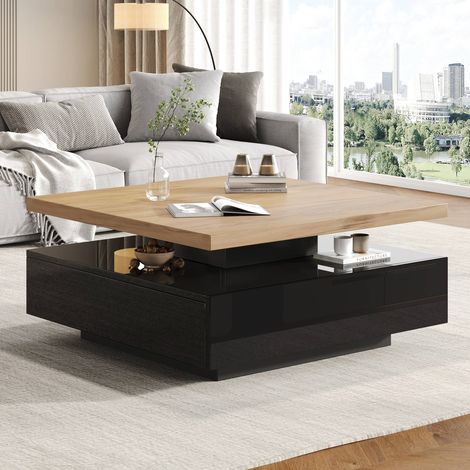 Table basse pivotante 360° avec tiroir à café, plateau tournant 2 niveaux brillant + placard, couleur bois naturel et noir. (1/5)