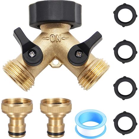 3/4" 2-Wege-Y-Verteiler mit Absperrkugelhahn – inklusive 2 Schlauchadaptern, 4 Gummidichtungen und PTFE-Dichtungsband, ideal für Haus und Garten