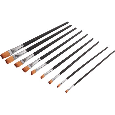 Un ensemble de 9 brosses professionnelles en nylon avec des têtes de brosse fines et plates et de longs manches.