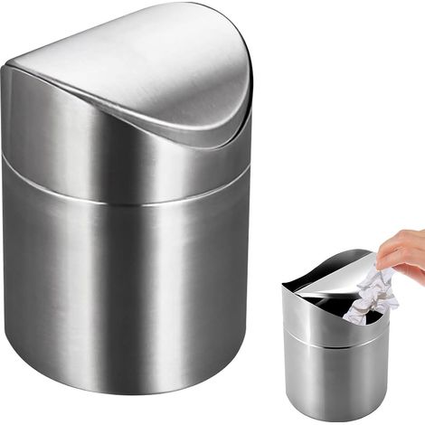 1 Poubelle de table, couvercle coulissant, acier inoxydable, 2L, design compact, pour bureau, salle de bain, salon (1/5)