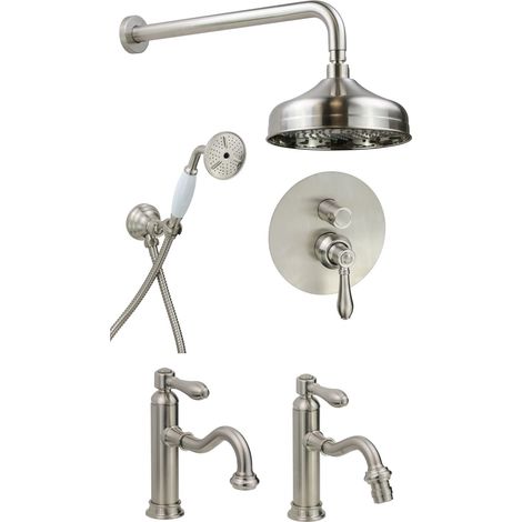 Set bagno con miscelatore lavabo, bidet e kit doccia stile retrò colore nichel spazzolato Gattoni Oxford KITOXFORDNS4