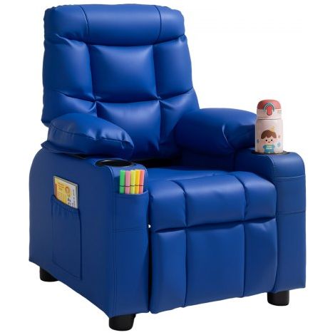 Sillón Relax Reclinable para Niños, Sofá Infantil, Respaldo Ajustable de 107° a 126°, con 2 Portavasos 4 Bolsillos y Reposapiés, de Cuero Sintético, Butaca para Salón Lectura Siesta, Color Azul (1/5)