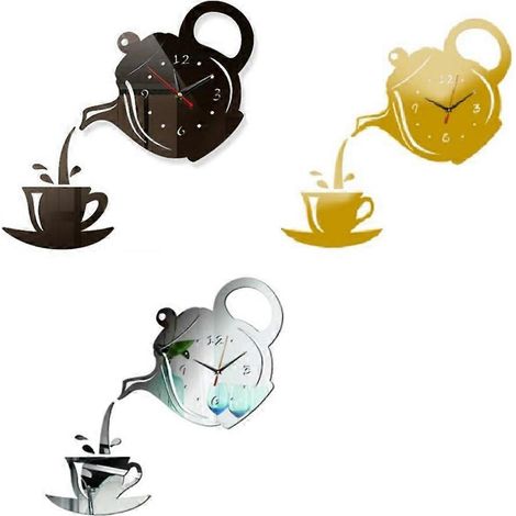 Dekorative 3D-Acryl-Wanduhr (3er-Set): Kaffeetasse, Teekanne usw. Ideal für Küche, Wohnzimmer oder Esszimmer. (1/5)