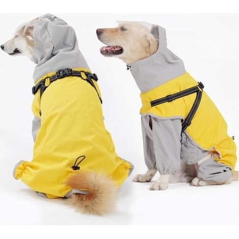 Impermeable para perros, Impermeable reflectante, Correa abdominal y capucha ajustables, Impermeable y ligero, Amarillo y gris, Talla XXL (1/5)