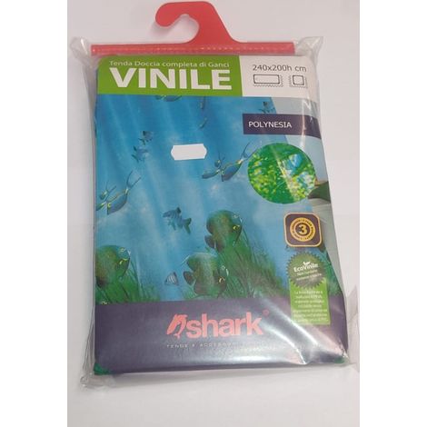 SHARK - TENDA DA DOCCIA COMPLETA DI GANCI IN VINILE LINEA POLYNESIA 240x200h cm - COLORE AZZURRO CON PESCI