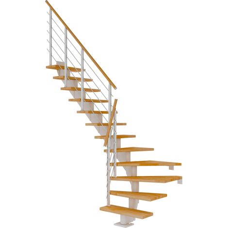 Dolle Mittelholmtreppe Hamburg 1/4 gewendelt Buche, geölt 85 cm breit für Geschosshöhen 222 – 258 cm UK Metall Weiß inkl. einseitigem Designgeländer
