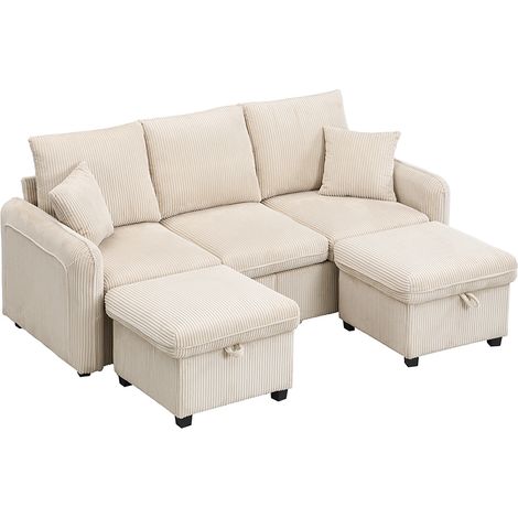 Canapé d’angle multifonctionnel en U, canapé 3 places rembourré avec rangement – avec tiroirs + pouf avec coffre de rangement, ensemble de canapé modulaire démontable avec fonction lit, tissu côtelé (1/5)