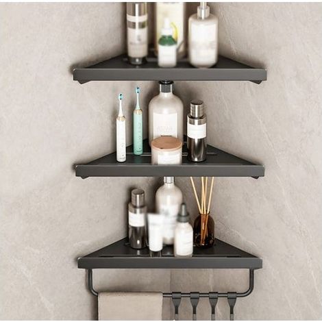 Étagère d'angle de salle de bain noire à trois niveaux sans perçage, 30233.2 cm, hauteur des étagères réglable librement