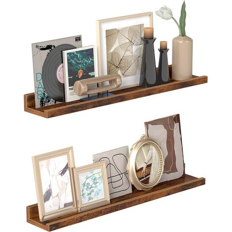 Estantes de pared juego de 3 estantes colgantes estantes flotantes 38 cm de largo con bordes altos para marcos de fotos decoraciones especias para cocina sala de estar marrón rústico 120007858