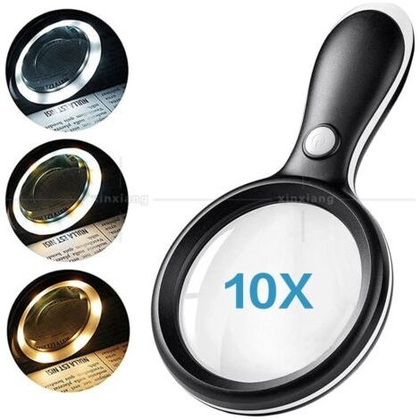 Loupe Eclairante, 10X Loupe de Lecture avec 3 Modes D'éclairage et 18 LED pour La Lecture des Personnes Âgées, L'inspection, Les Loisirs, L'artisanat, L'exploration des Enfants (Noir) (1/5)