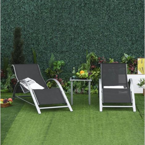 Conjunto de tumbonas de jardín de metal negro con mesa auxiliar, 2 sillones reclinados y 1 mesa de cristal, 59x169x66 cm (1/5)