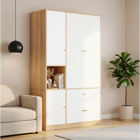 Armadio a 3 ante 120x50x200 cm con 2 aste appendiabiti, 1 cassetto e 7 scomparti, finitura in legno bianco (1/5)