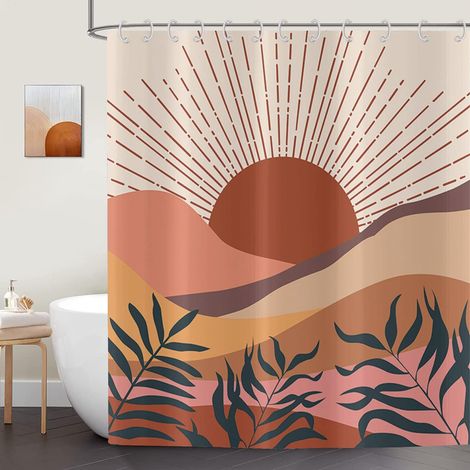 1 Rideau de douche, Motif abstrait feuilles, Tissu polyester imperméable, 180x200 cm, Pour salle de bain avec 12 crochets