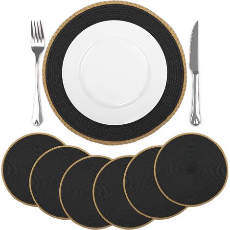 Lot de 6 sets de table noirs ronds tressés, antidérapants, lavables et résistants à la chaleur, 36x36 cm. (1/5)