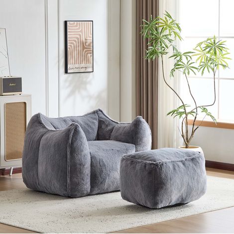Lounge-Sessel mit Ottoman, 126 × 100,5 × 75 cm, graues Kunstfell – MEUBLIV (1/5)