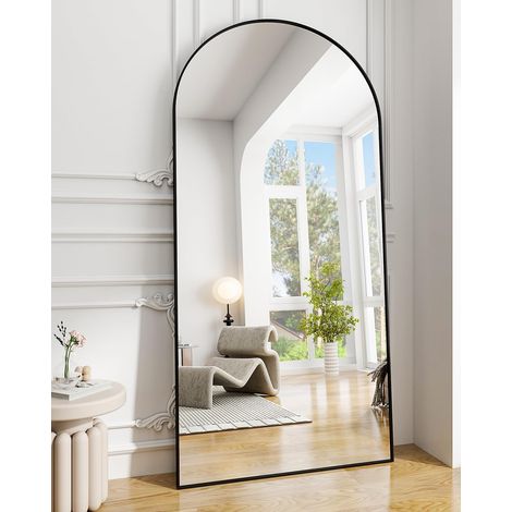 Koonmi – Miroir sur pied bombé 180 x 76 cm – Verre nano de 3 mm – Design moderne noir – Miroir intégral à poser ou accrocher