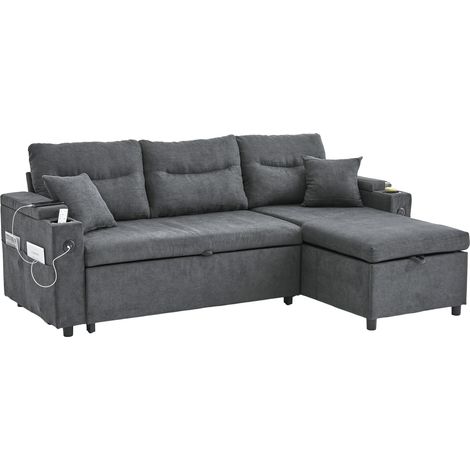 3-Sitzer-Eckschlafsofa aus dunkelgrauem Leinen mit Stauraum, Becherhaltern und USB-C (1/5)