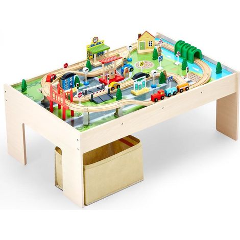Pour enfant dès 3 ans, table d'activités avec circuit de train bois thème ville 84 pièces, double face avec bac pliable (1/5)