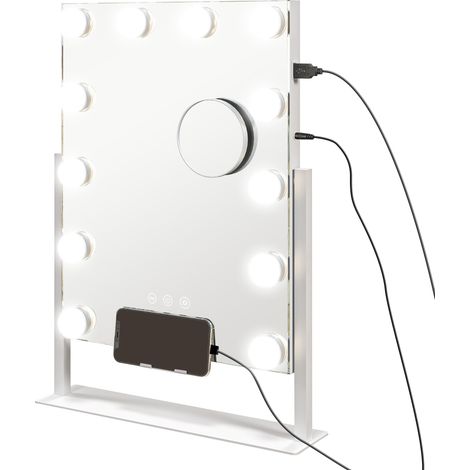 Miroir lumineux Hollywood 12 spots LED, intensité variable, rotatif 360°, grossissant x10, commande tactile, blanc (1/5)