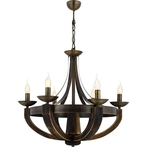 Lustre élégant et vintage, corps en bois, hauteur 90 cm, diamètre 70 cm, 6 ampoules E14 max. 40 W, couleur marron, pour les espaces modernes et traditionnels