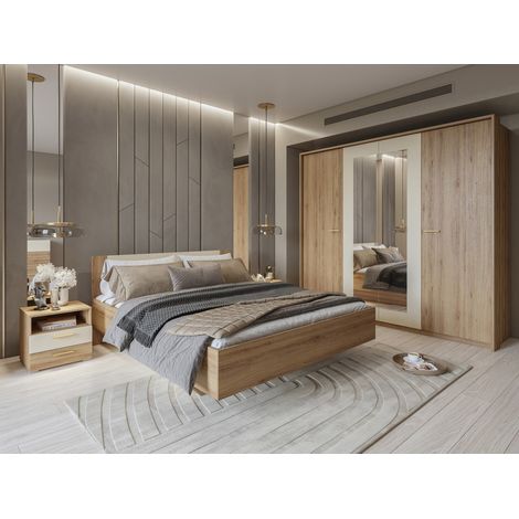 Komplettes Schlafzimmer VERTIGO – Bett 160x200 mit Lattenrost, 2 Nachttische, 4-türiger Kleiderschrank + Designrahmen