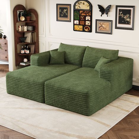 Canapé d'angle convertible 180x151x58 cm – canapé l compact 2 places effet cloud sans montage – velours côtelé – vert (1/5)