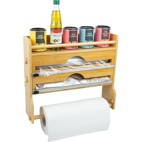 1 - Porte-rouleau - Support mural - Sans perçage - Pour papier aluminium et film alimentaire - Cuisine moderne - Bois naturel - 30x12cm