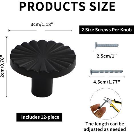 12 cabinet knobs with adjustable length screws, black retro round drawer knobs and handles, kitchen door handles, cabinet hardware single-hole cabinet handles, suitable for furniture.