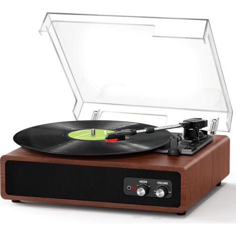 Platine Vinyle, Tourne Disque Vinyle Bluetooth avec Émetteur pour Enceintes, Portable avec 3 Vitesses 33/45/78 TR/Min, 2 Haut-Parleurs Intégrés, Sortie RCA, Entrée AUX - Marron Foncé (1/5)