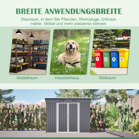 Abri métallique de jardin gris 2,4 x 1,2 m, toit incliné, rangement outils, porte sécurisée, 2 bouches d'aération, idéal terrasse, cour, espace extérieur. (1/5)