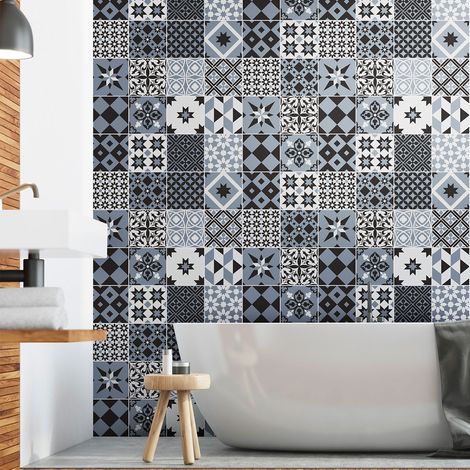 Sticker Mural Carrelage adhésif Cuisine Salle de Bain - 24 STICKERS CARREAUX DE CIMENT AZULEJOS RONALDO - 24stickers15x15cm (1/5)